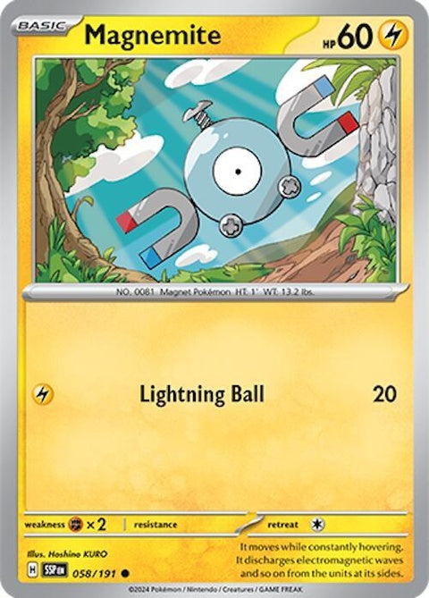 Pokémon Surging Sparks Magnemite card, singles trading card game, detailed illustration, vibrant colors, collectible Pokémon card