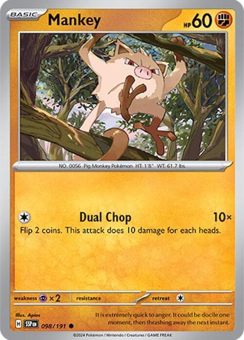 Pokémon Surging Sparks Mankey 98 single card with vibrant illustrations and detailed artwork.