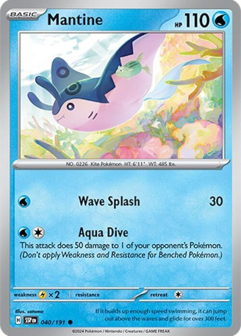 Pokémon Surging Sparks Mantine 40 Pokémon singles card displaying colorful illustration and card details.