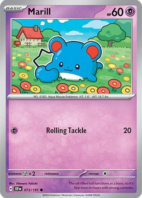 Pokémon Surging Sparks Marill 73 single card, featuring Marill in dynamic artwork from the Pokémon trading card game.