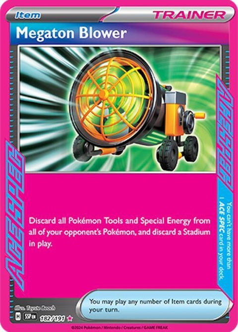Pokémon Surging Sparks Megaton Blower 182 singles card featuring vibrant artwork and energetic design.