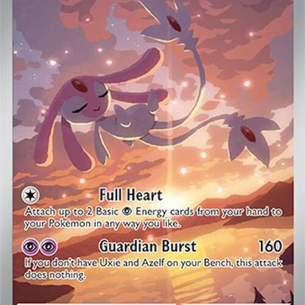 Pokémon Surging Sparks Mesprit 204 trading card, featuring artwork of the Psychic-type Pokémon Mesprit in a vibrant scene.