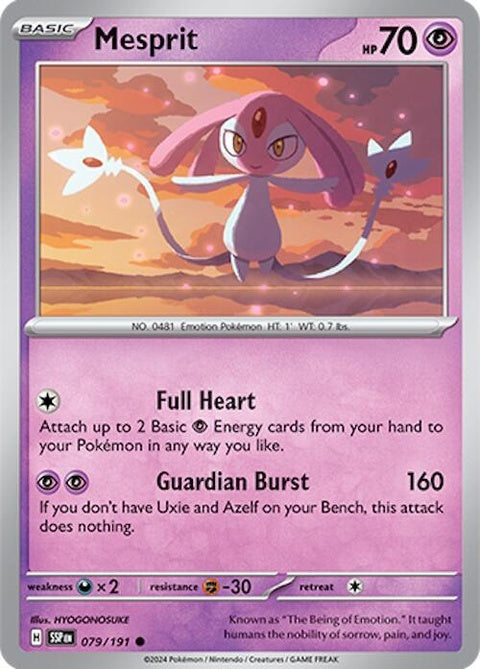 Pokémon Surging Sparks Mesprit 79 card from Singles collection, featuring vibrant artwork of the Psychic-type Pokémon Mesprit.