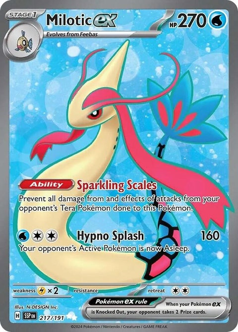 Pokémon Surging Sparks Milotic EX card featuring Milotic in a dynamic pose with vibrant artwork.