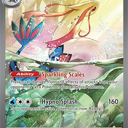 Pokémon Surging Sparks Milotic ex card, detailed artwork with vibrant colors, from the Pokémon Singles collection.