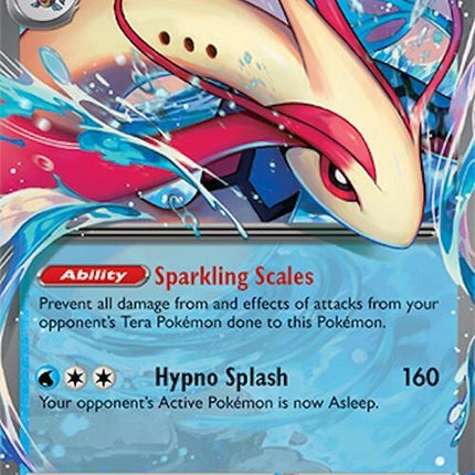 Pokémon Surging Sparks Milotic Ex 42 trading card featuring detailed illustration of Milotic Ex in a vibrant pose.