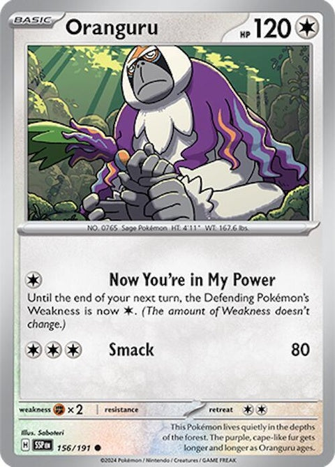 Pokémon Surging Sparks Oranguru 156 trading card featuring an illustration of Oranguru from the Pokémon Singles series.