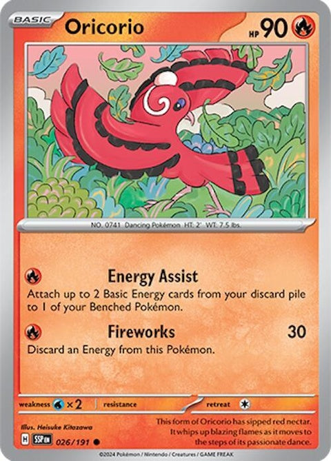 Pokémon Surging Sparks Oricorio 26 single card featuring colorful bird with vibrant plumage, detailed artwork.