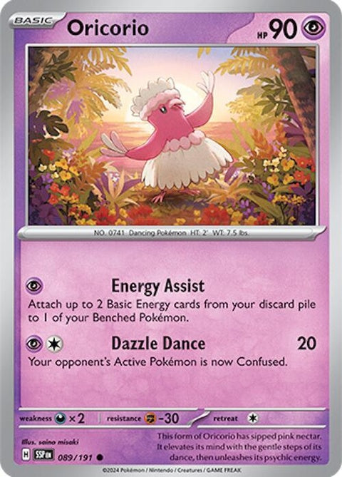 Pokémon Surging Sparks Oricorio single card featuring vibrant artwork of the legendary bird Pokémon from the Pokémon trading card game.