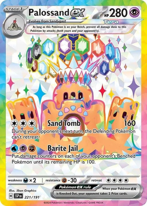 Pokémon Surging Sparks Palossand EX single card featuring Palossand in a dynamic pose, colorful background, and detailed artwork.