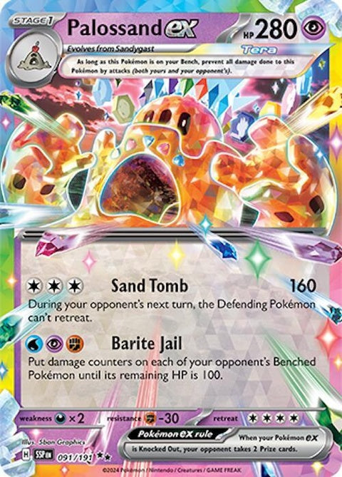Pokémon Surging Sparks Palossand EX single card featuring Palossand in energetic design, vibrant colors, and Pokémon branding.