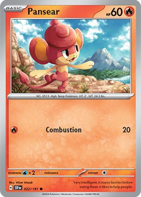 Pokémon Surging Sparks Pansear 22 singles card showing vibrant artwork and characteristic fire-type design.