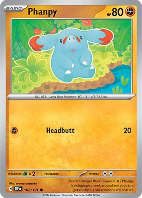 Pokémon Surging Sparks Phanpy 102 singles card, featuring a detailed illustration of the orange elephant Pokémon.