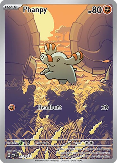 Pokémon Surging Sparks Phanpy card, featuring a cartoon elephant Pokémon with sparks in a vibrant battle scene.
