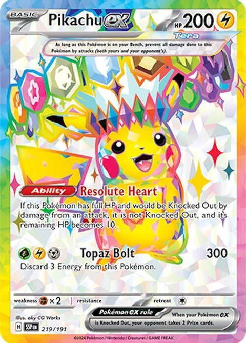 Pokémon Surging Sparks Pikachu Ex single card with vibrant artwork and electric design, featuring Pikachu in dynamic pose.