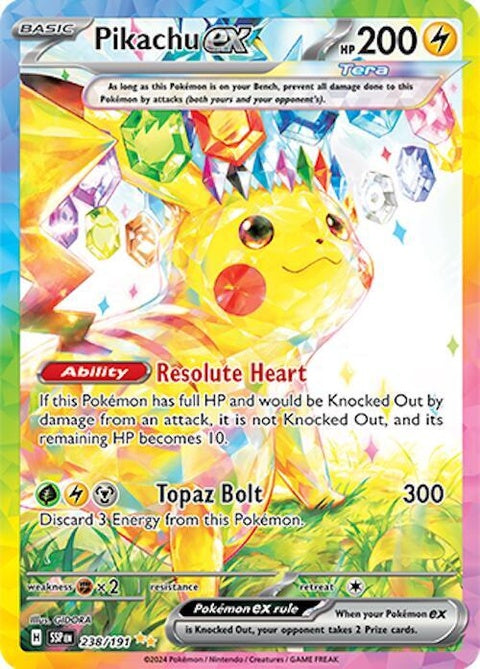 Pokémon Surging Sparks Pikachu EX card from the Singles collection, featuring Pikachu in an energetic pose and vibrant artwork.
