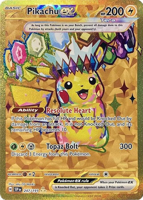 Pokémon Surging Sparks Pikachu EX trading card from the Singles series, featuring Pikachu in an energetic pose.