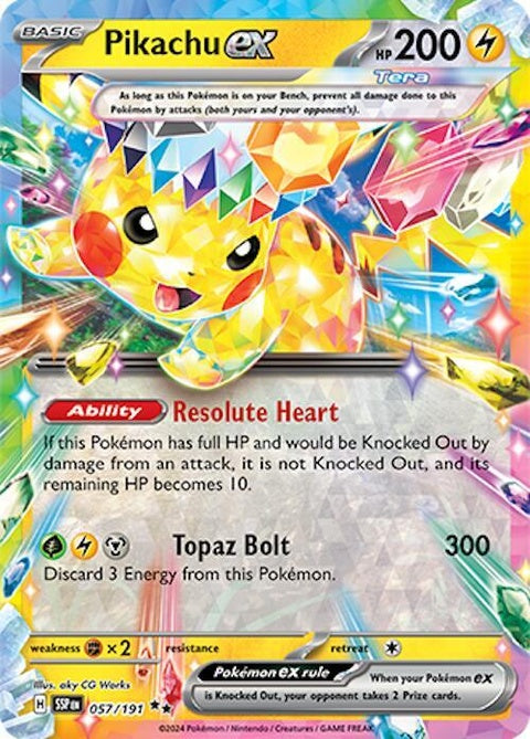 Pokémon Surging Sparks Pikachu EX single card featuring Pikachu in dynamic pose, vibrant colors, and detailed artwork.