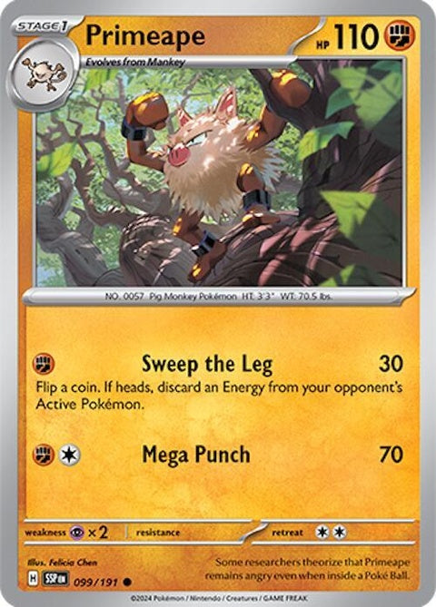 Pokémon Surging Sparks Primeape 99 single card, featuring the fighting-type Pokémon in dynamic artwork.