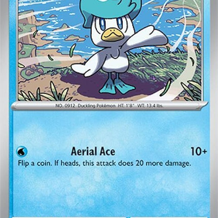 Pokémon Surging Sparks Quaxly 50 singles card featuring Quaxly in vibrant artwork, part of the Pokémon trading card game series.