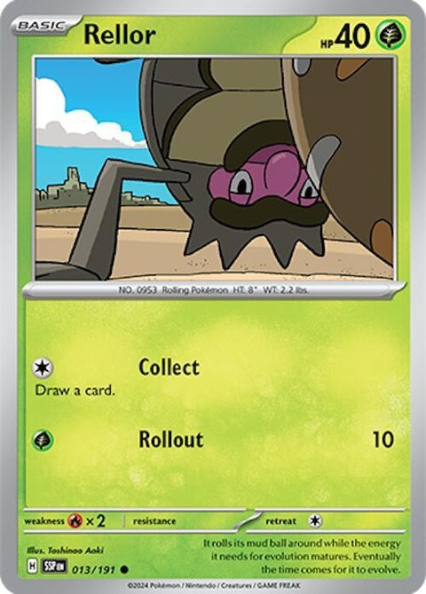 Pokémon Surging Sparks Rellor 13 singles card featuring Rellor with vibrant artwork and dynamic design.