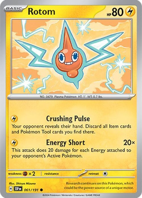 Pokémon Surging Sparks Rotom 61 card from the Singles collection, featuring detailed artwork of the Electric Ghost-type Pokémon.