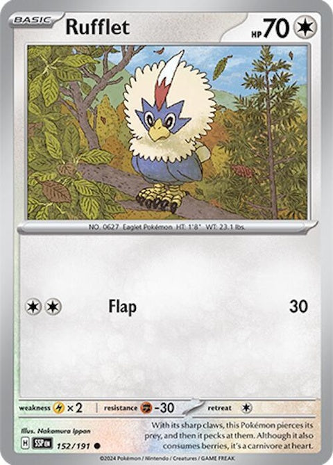 Pokémon Surging Sparks Rufflet 152 single card, featuring a detailed illustration of the bird Pokémon on a vibrant background.
