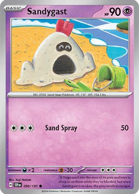 Pokémon Surging Sparks Sandygast 90 Pokémon Singles card, featuring Sandygast in vibrant artwork for the Pokémon TCG.
