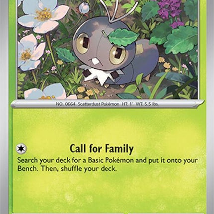 Pokémon Surging Sparks Scatterbug single card featuring colorful illustration of Scatterbug for Pokémon trading card game.