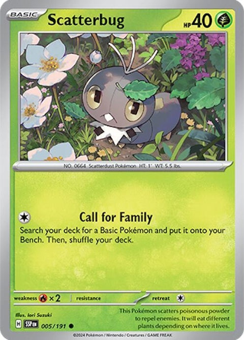 Pokémon Surging Sparks Scatterbug single card featuring colorful illustration of Scatterbug for Pokémon trading card game.