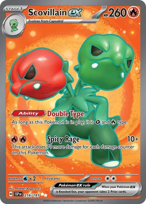 Pokémon Surging Sparks Scovillain EX single card featuring vibrant artwork and detailed design on a white background.