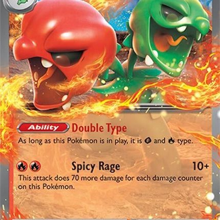 Pokémon Surging Sparks Scovillain EX single card featuring artwork of Scovillain Pokémon on a vibrant background.