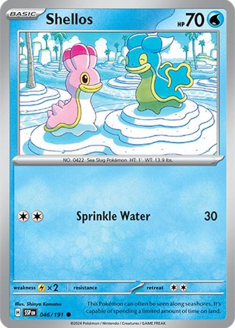 Pokémon Surging Sparks Shellos 46 single card, featuring Shellos in vibrant artwork on a Pokémon trading card.