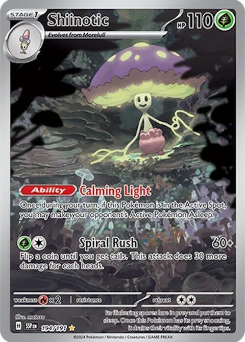 Pokémon Surging Sparks Shiinotic 194 single card featuring Shiinotic with vibrant artwork and dynamic design.