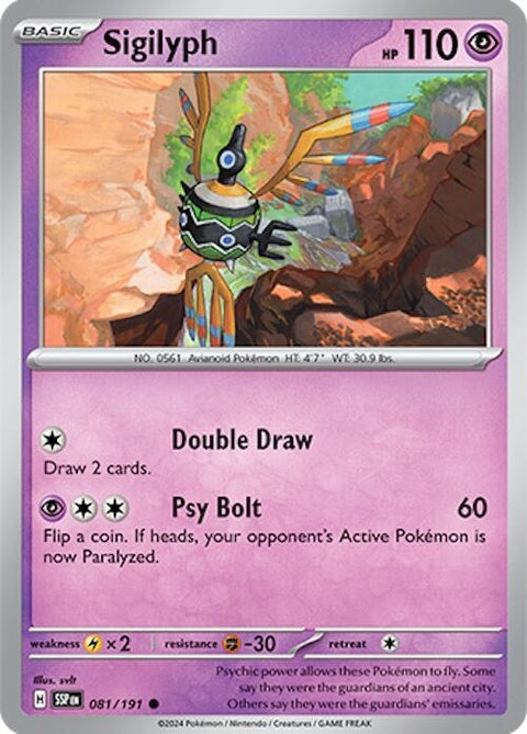 Pokémon Surging Sparks Sigilyph 81 card from the Singles series, featuring colorful artwork of the Psychic/Flying type Pokémon.