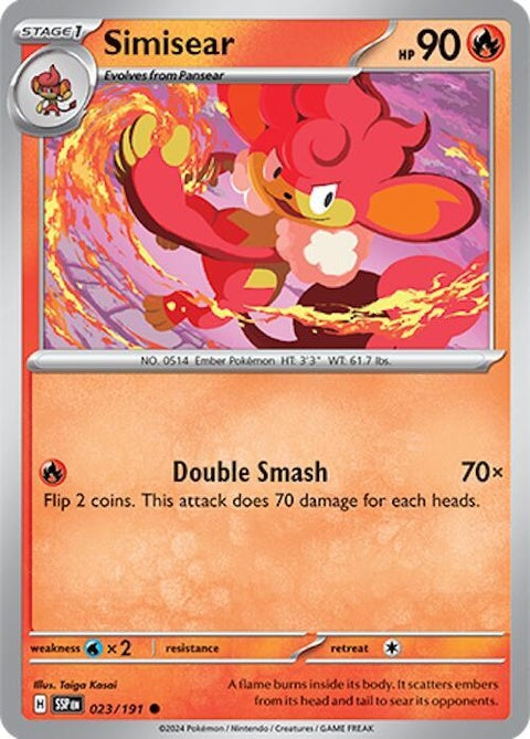 Simisear Pokémon card from Surging Sparks set, featuring vibrant artwork and detailed design of the Fire-type Pokémon.