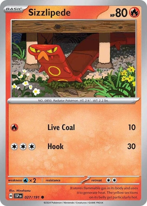 Pokémon Surging Sparks Sizzlipede 27 singles card, featuring vibrant artwork of the fiery insect Pokémon.