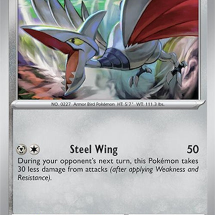 Pokémon Surging Sparks Skarmory 124 trading card featuring a fierce, metallic bird Pokémon with sharp wings.