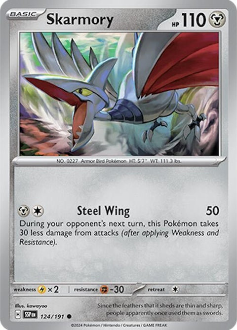 Pokémon Surging Sparks Skarmory 124 trading card featuring a fierce, metallic bird Pokémon with sharp wings.