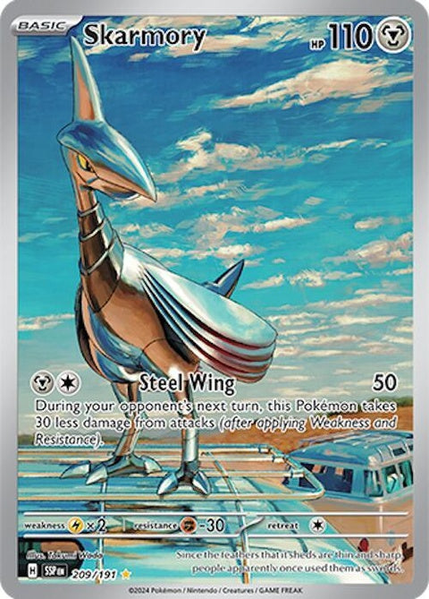 Pokémon Surging Sparks Skarmory 209 card, single trading card from the Pokémon series, featuring a detailed illustration of Skarmory.