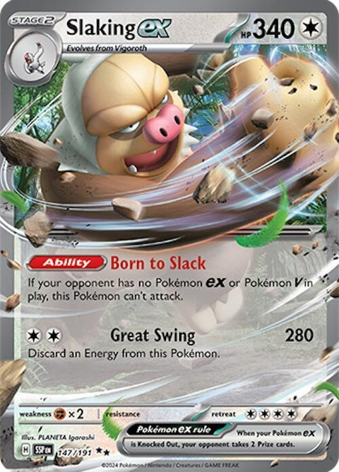 Pokémon Surging Sparks Slaking EX singles card, detailed artwork featuring Slaking with dynamic background and vibrant colors.