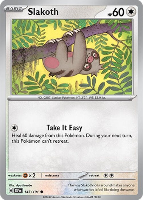 Pokémon Surging Sparks Slakoth card, single trading card featuring Slakoth from the Pokémon series.