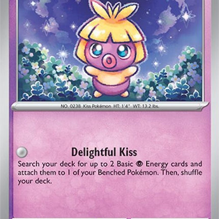 Smoochum Pokémon card from Surging Sparks set, illustrated with vibrant colors and dynamic background.