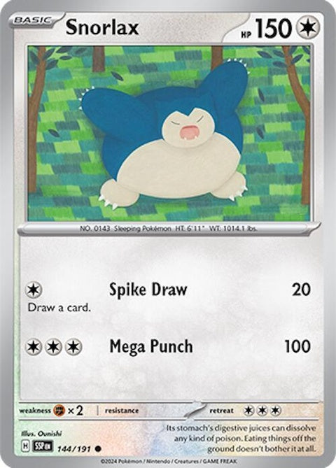 Pokémon Surging Sparks Snorlax 144 card from the Singles collection featuring the iconic Pokémon in vibrant artwork.