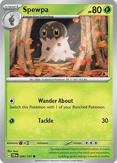 Six Pokémon Surging Sparks Spewpa singles cards, featuring detailed artwork and vibrant colors from the Pokémon trading card game.