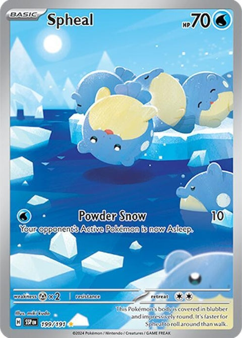 Pokémon Surging Sparks Spheal 199 trading card featuring Spheal with vibrant artwork and dynamic design.