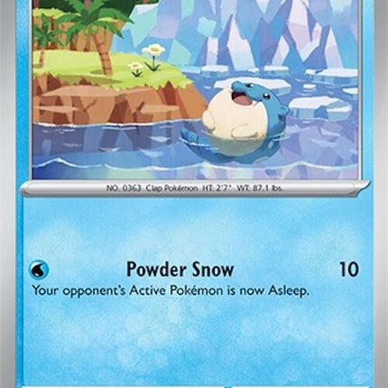 Pokémon Surging Sparks Spheal Pokémon trading card showing a colorful Spheal illustration on a vibrant background.