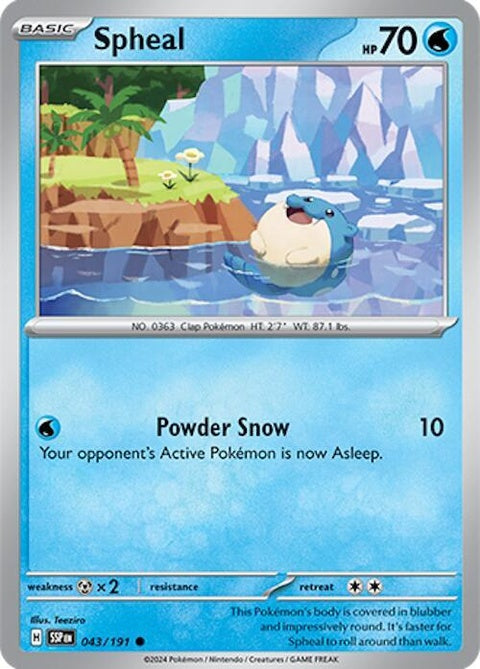 Pokémon Surging Sparks Spheal Pokémon trading card showing a colorful Spheal illustration on a vibrant background.