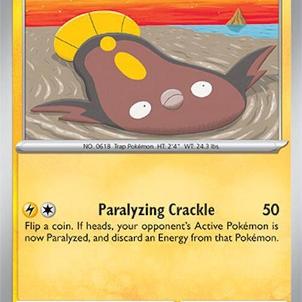 Pokémon Surging Sparks Stunfisk 64 Pokémon singles card, featuring detailed illustration of the Electric/Ground type Pokémon.