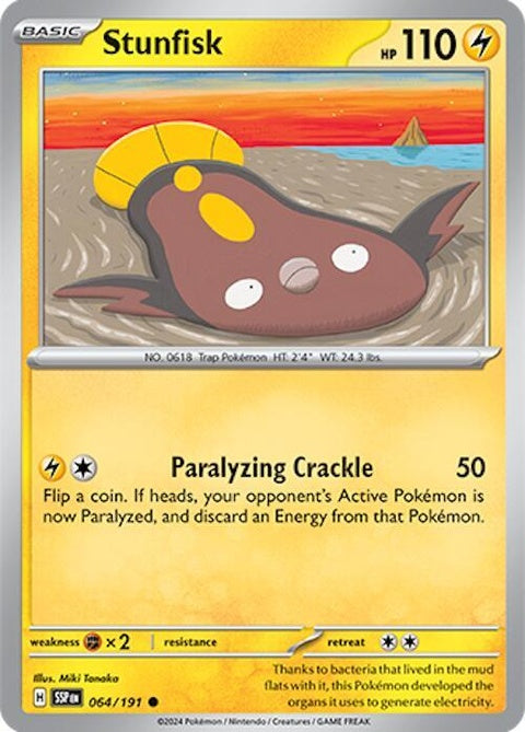 Pokémon Surging Sparks Stunfisk 64 Pokémon singles card, featuring detailed illustration of the Electric/Ground type Pokémon.
